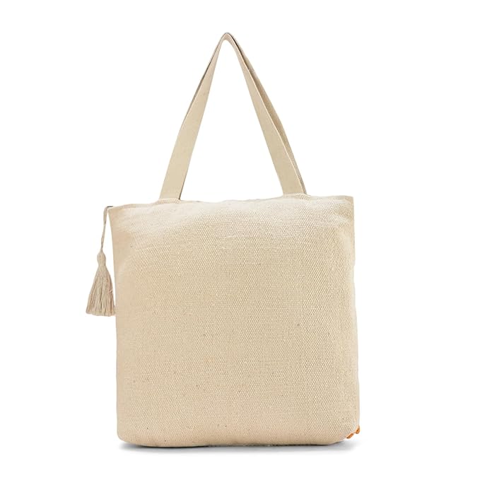 Cotton Tote Bag with Mustard Colour Loop Pattern, White Tassel Accent, Beach Shopping Shoulder Bag For Womens