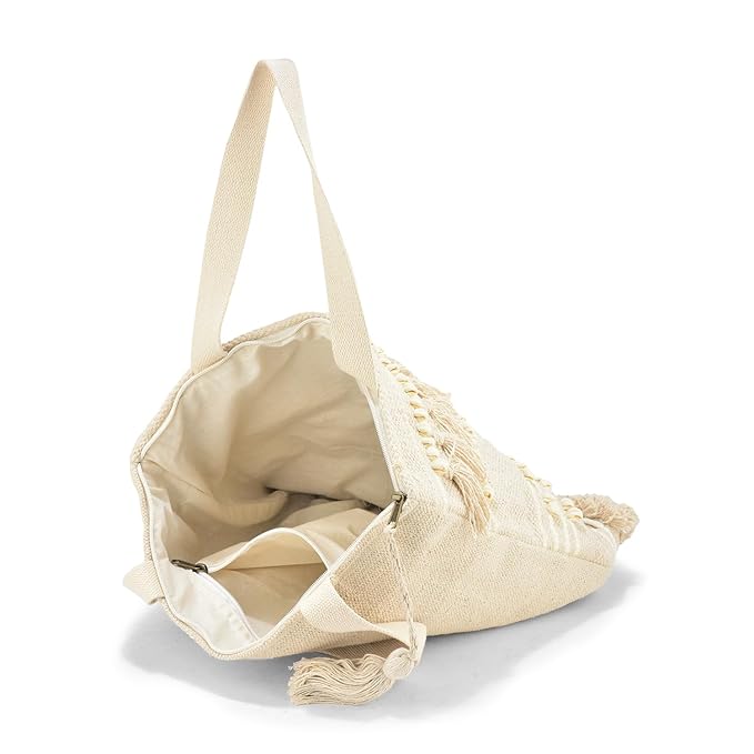 Boho Cotton Tote Bag with Tassels and Pom Poms, 38x38x25 cm, Cream White, Beach Shopping Shoulder Ba