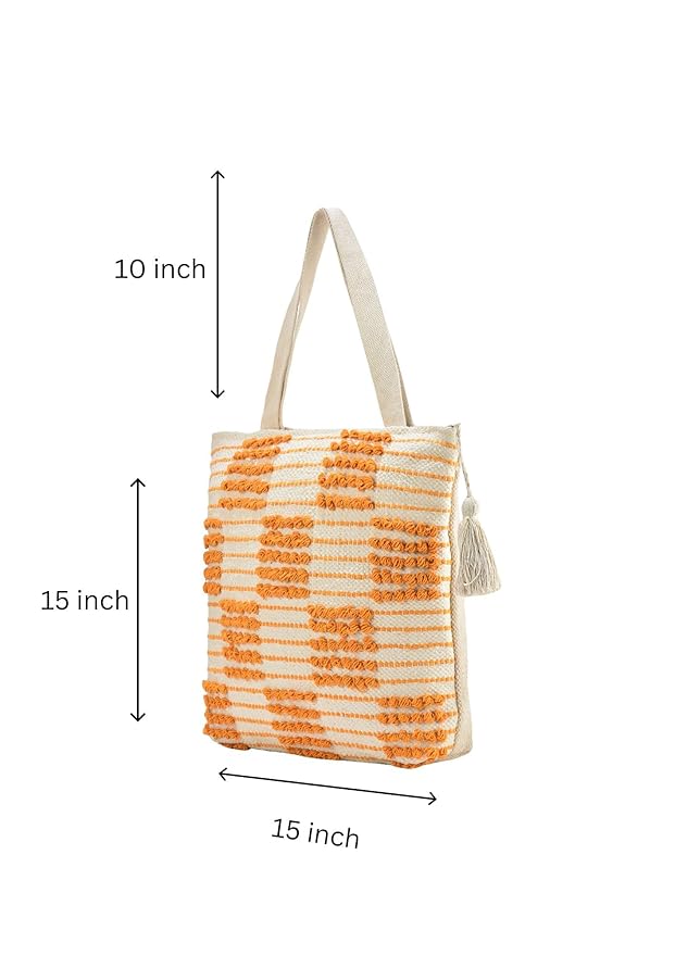 Cotton Tote Bag with Mustard Colour Loop Pattern, White Tassel Accent, Beach Shopping Shoulder Bag For Womens