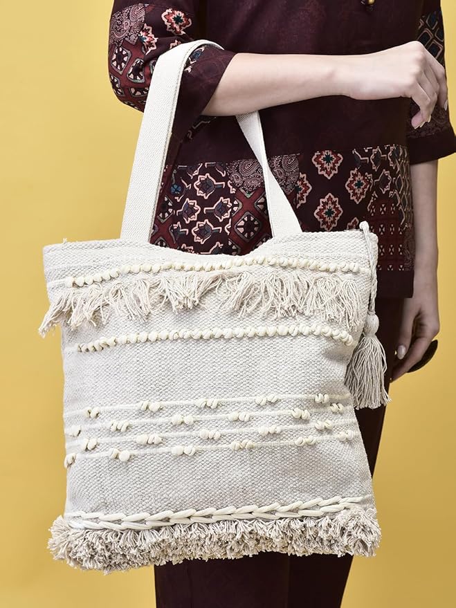Boho Cotton Tote Bag with Tassels and Pom Poms, 38x38x25 cm, Cream White, Beach Shopping Shoulder Ba