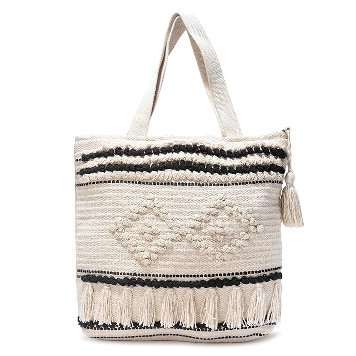 Beige & Black Boho Tote Bag for Women β Handwoven Cotton Shoulder Bag with Tassels & Diamond Embroidery | Ethnic Textured Pattern | Eco-Friendly Beach, College & Casual Use