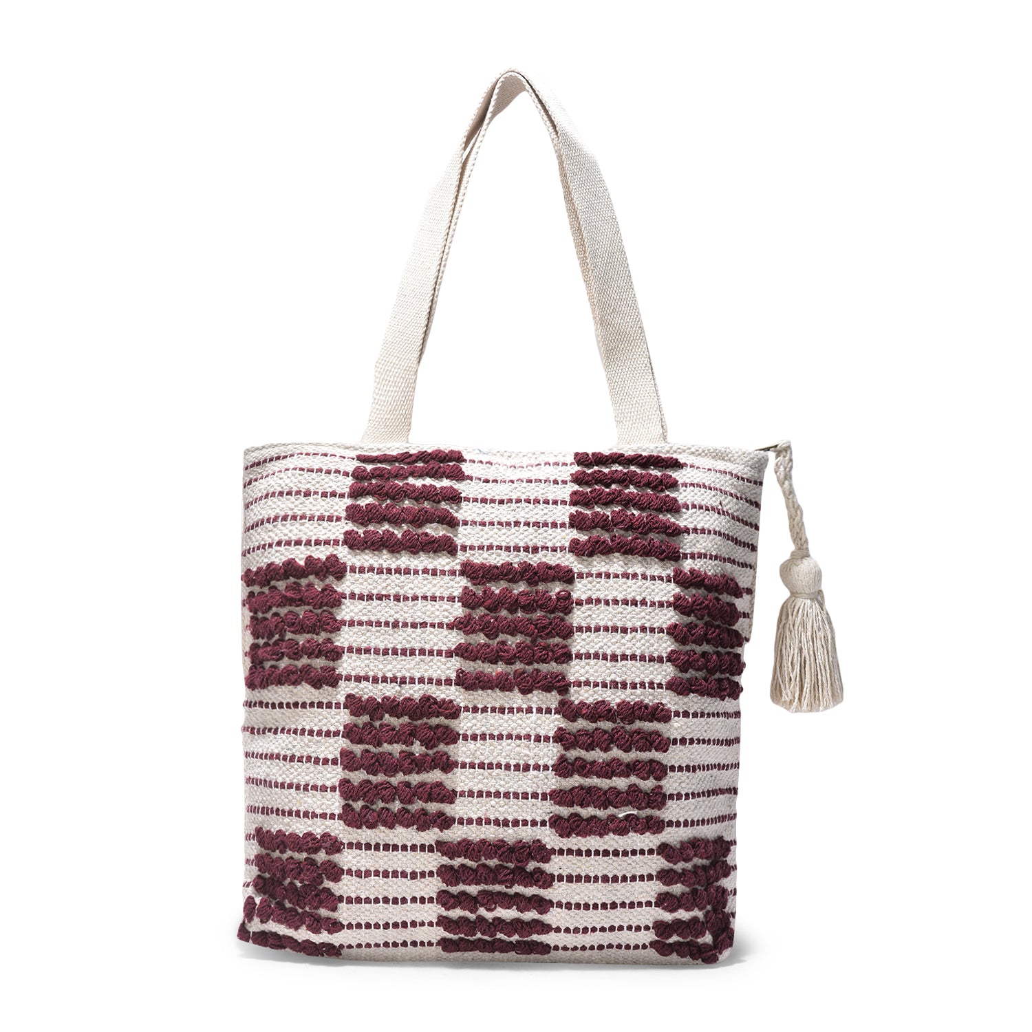 Boho Handwoven Cotton Tote Bag with Maroon Checkered Design & Tassel