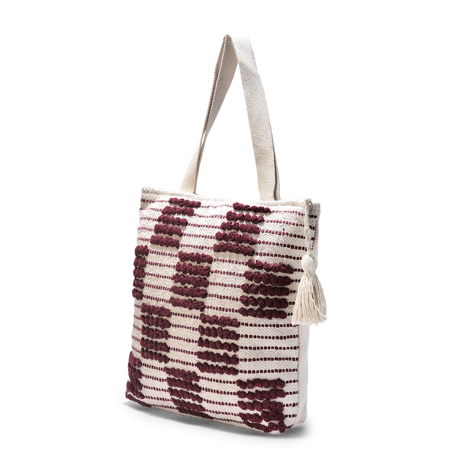Boho Handwoven Cotton Tote Bag with Maroon Checkered Design & Tassel