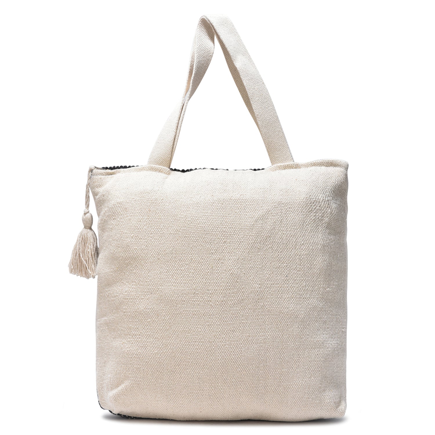 Beige & Black Boho Tote Bag for Women β Handwoven Cotton Shoulder Bag with Tassels & Diamond Embroidery | Ethnic Textured Pattern | Eco-Friendly Beach, College & Casual Use