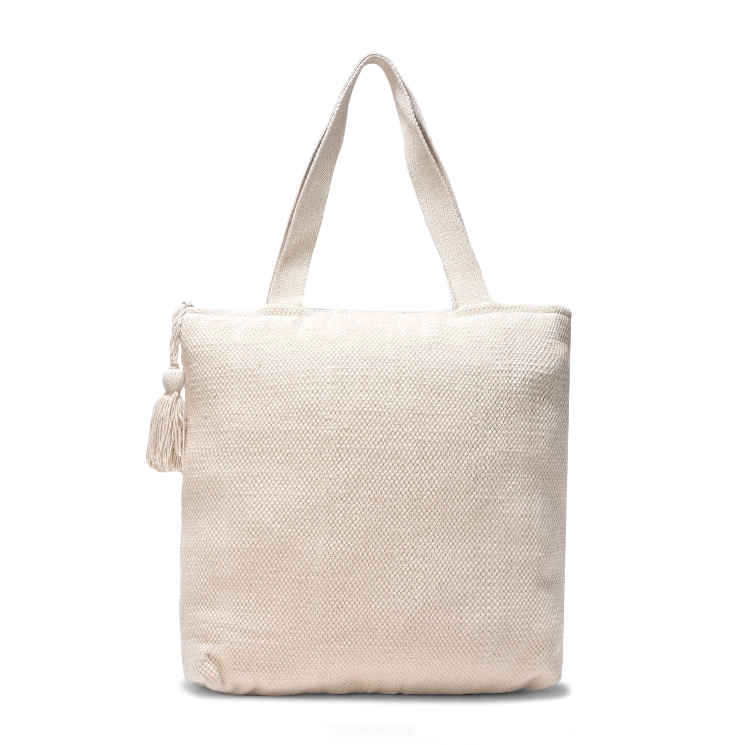 Boho Chic Black & Natural Tribal Tufted Cotton Tote Bag with Tassel β Handwoven Eco-Friendly Shopper LE-0413