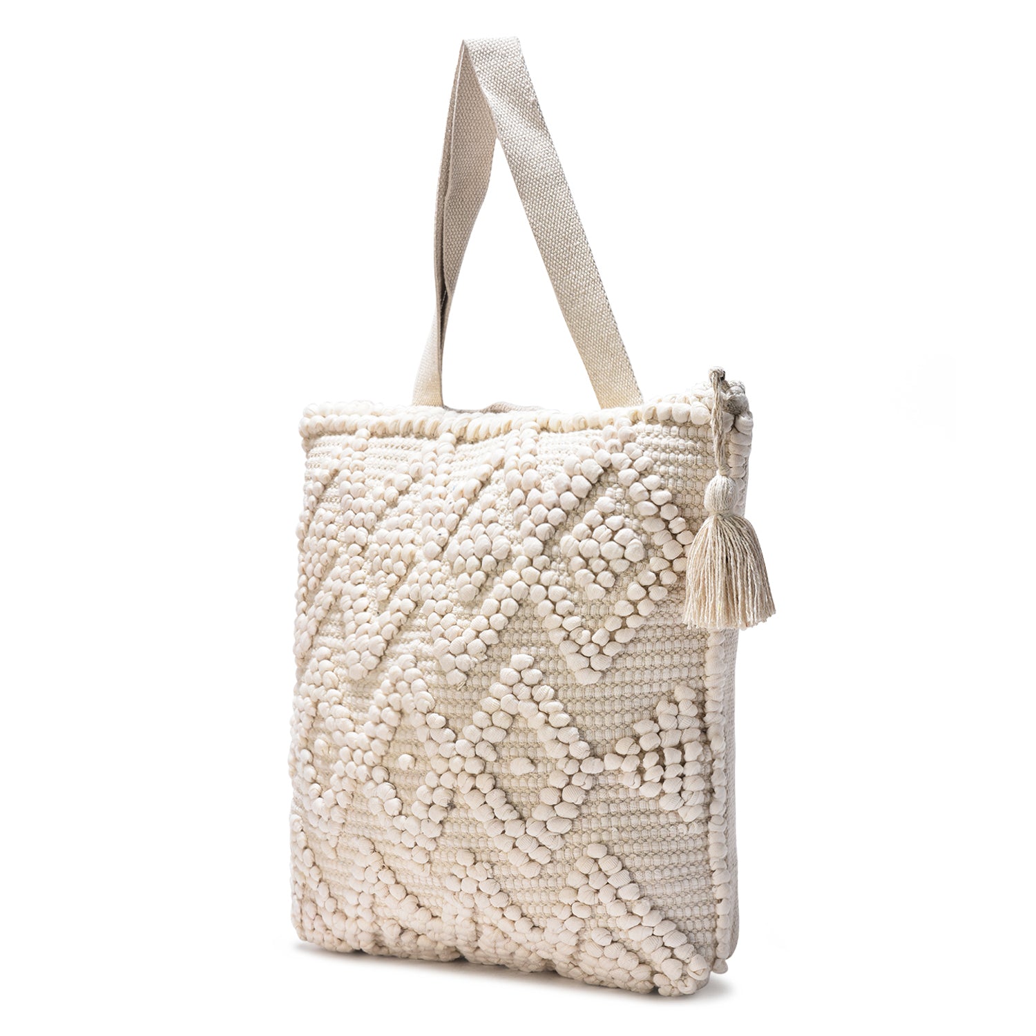 Cotton Boho Tote Bag with Pom-Pom Weave and Tassel, Large 40x35 cm, Beige White, Handmade Shoulder Bag