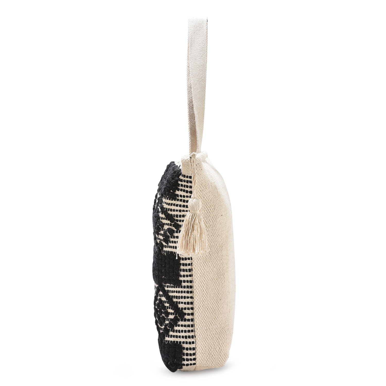 Boho Chic Black & Natural Tribal Tufted Cotton Tote Bag with Tassel β Handwoven Eco-Friendly Shopper LE-0413