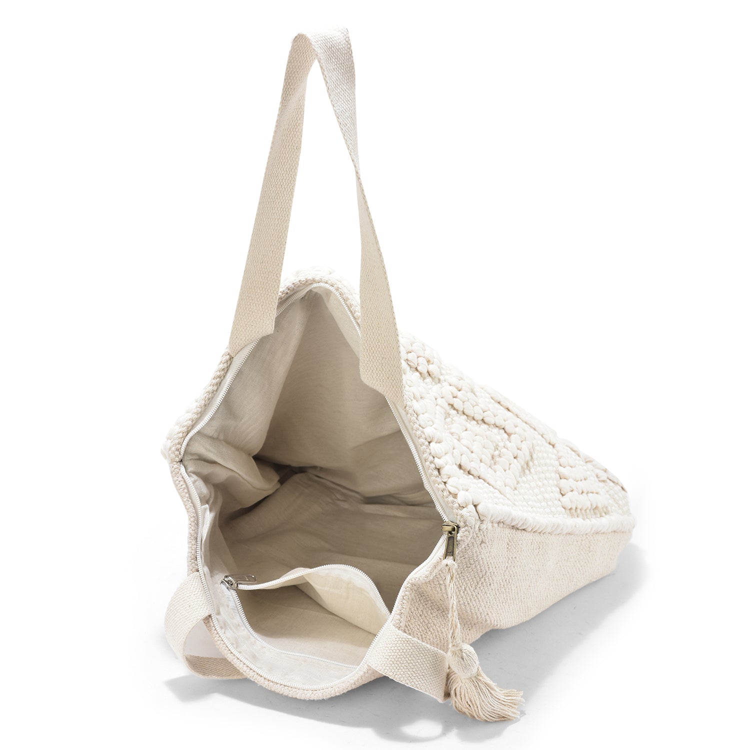 Cotton Boho Tote Bag with Pom-Pom Weave and Tassel, Large 40x35 cm, Beige White, Handmade Shoulder Bag
