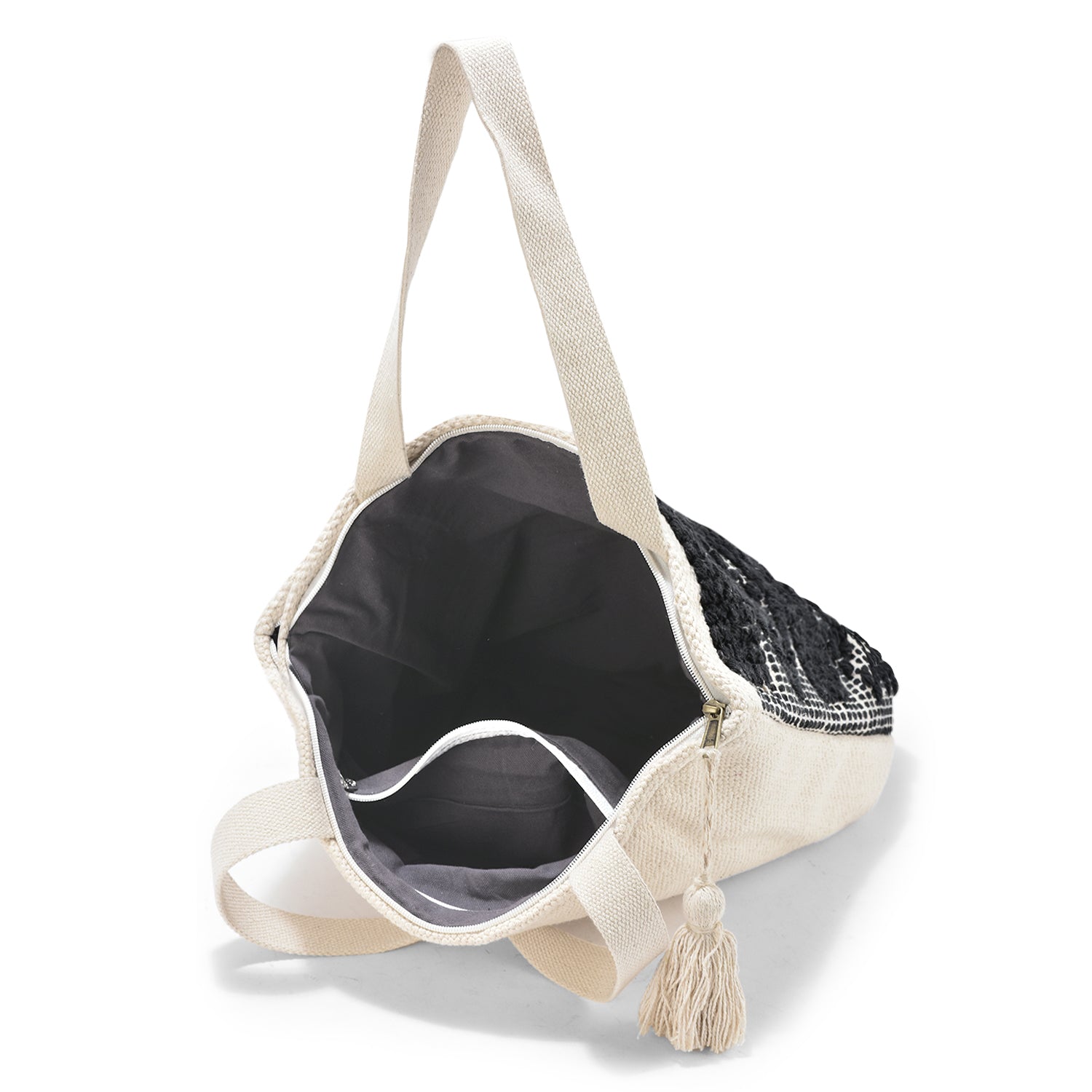 Boho Chic Black & Natural Tribal Tufted Cotton Tote Bag with Tassel β Handwoven Eco-Friendly Shopper LE-0413