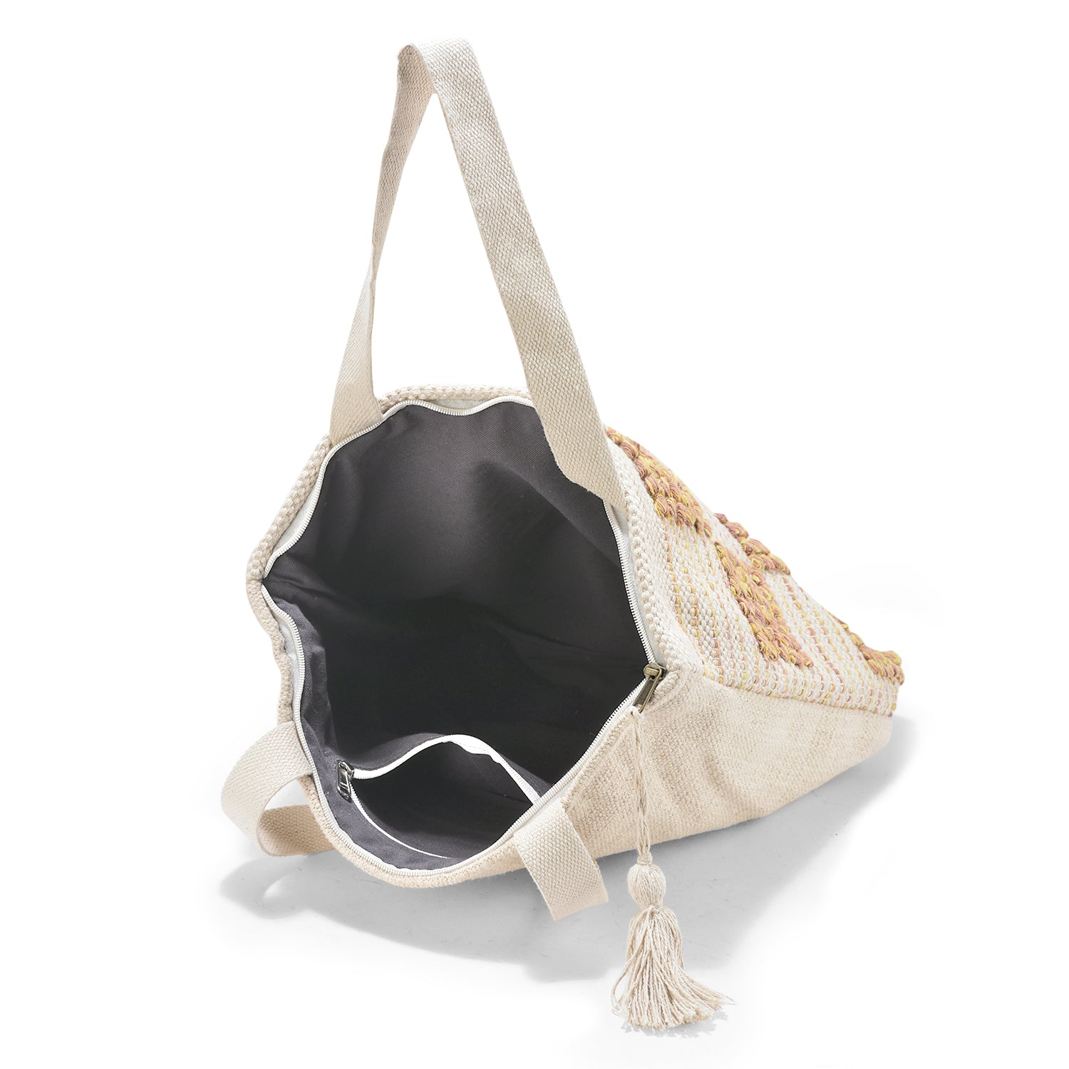 Boho Checkered Tufted Cotton Tote Bag β Yellow & Pink Textured Pattern with Tassel LE-0411