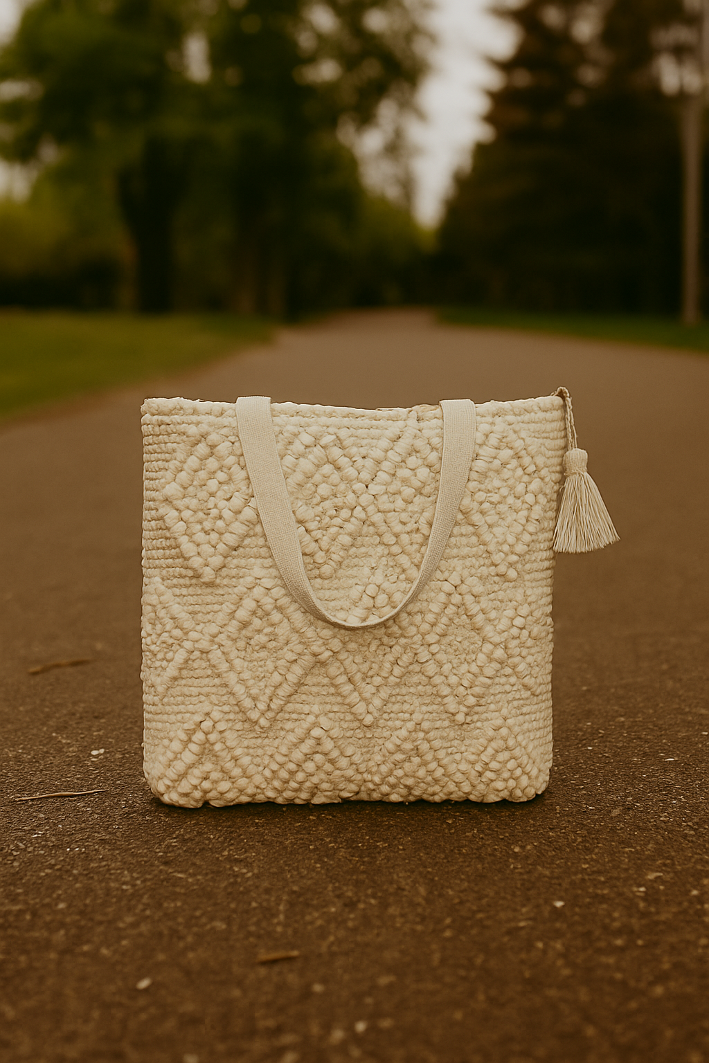 Cotton Boho Tote Bag with Pom-Pom Weave and Tassel, Large 40x35 cm, Beige White, Handmade Shoulder Bag