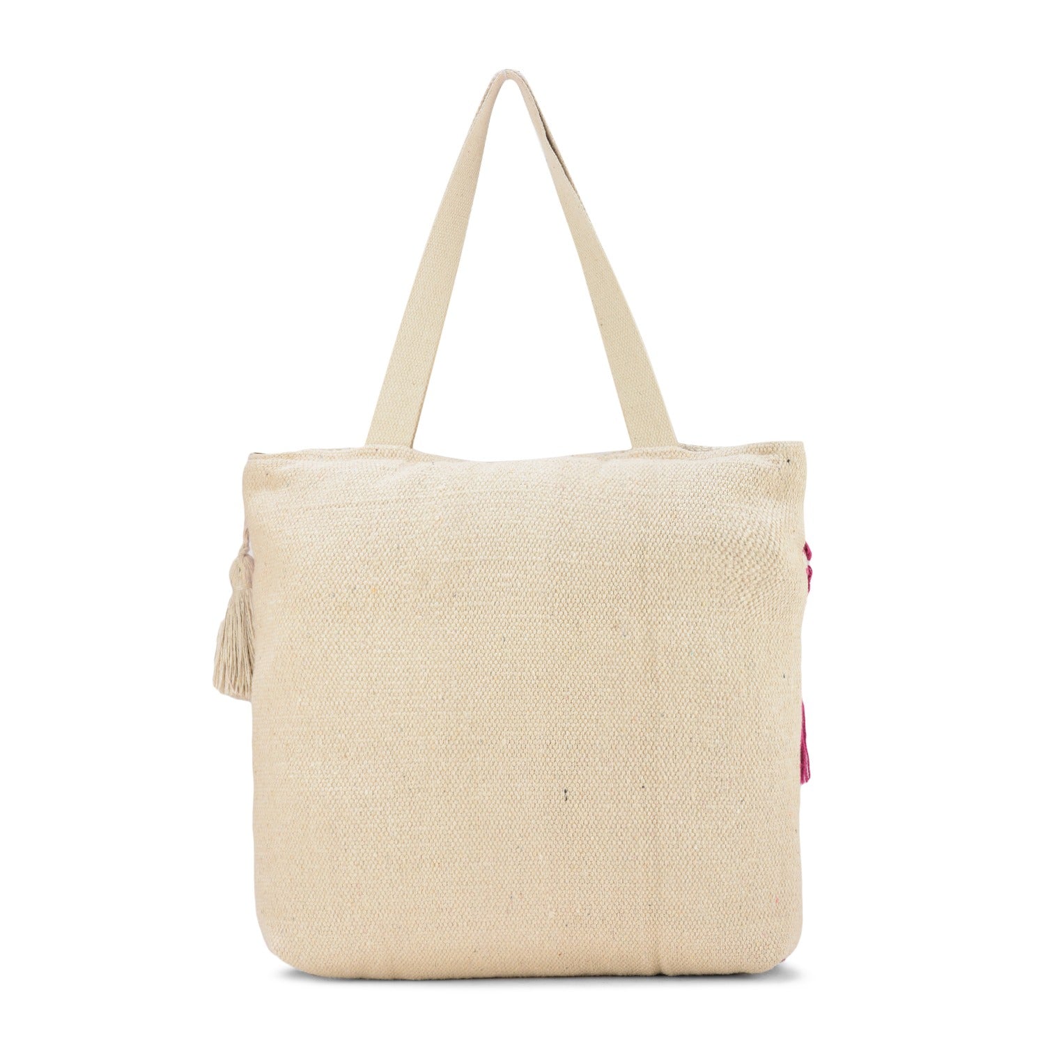 Boho Cotton Canvas Tote Bag with Pink Fringe Tassel Design, Cotton Beach Bag with Zip Closure, Cream and Pink