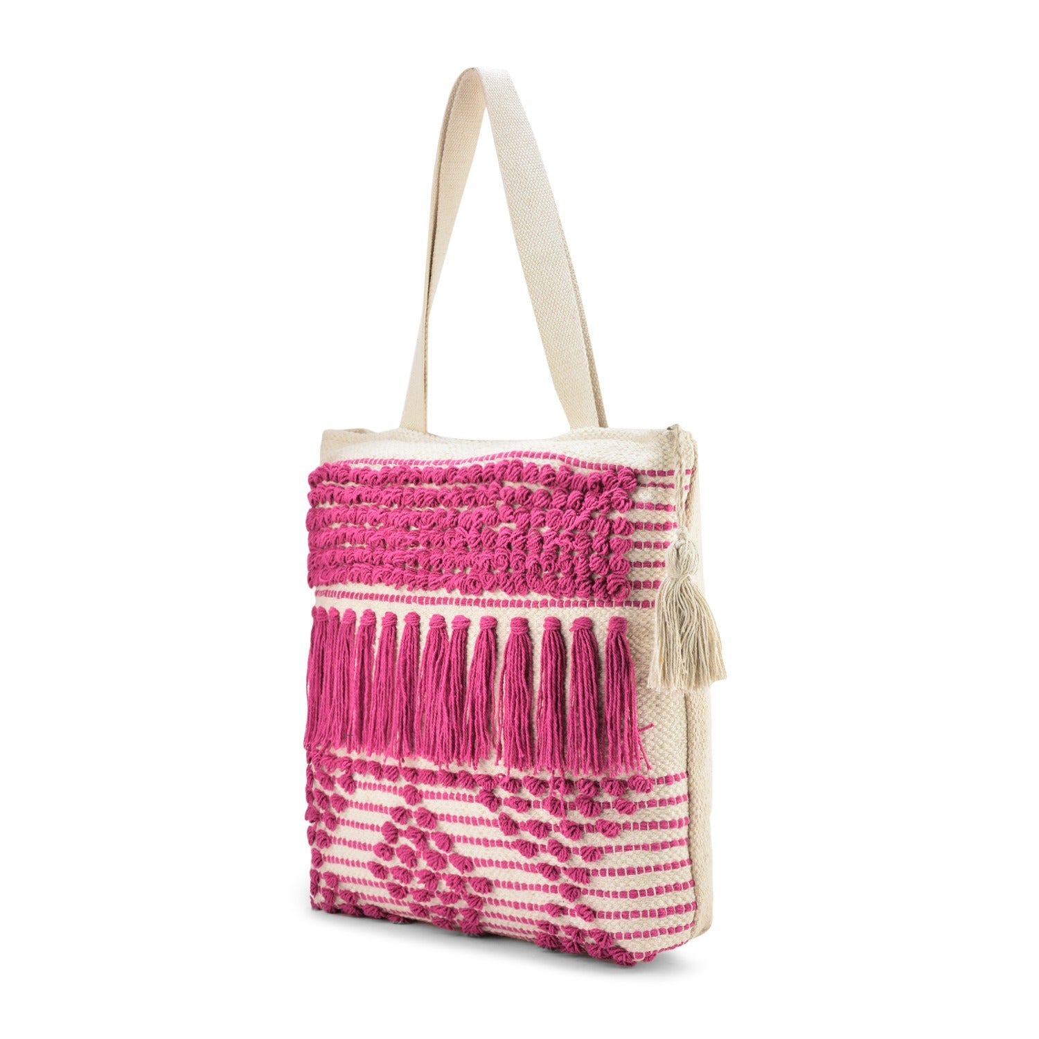 Boho Cotton Canvas Tote Bag with Pink Fringe Tassel Design, Cotton Beach Bag with Zip Closure, Cream and Pink