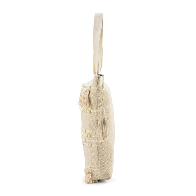 Boho Cotton Tote Bag with Tassels and Pom Poms, 38x38x25 cm, Cream White, Beach Shopping Shoulder Ba