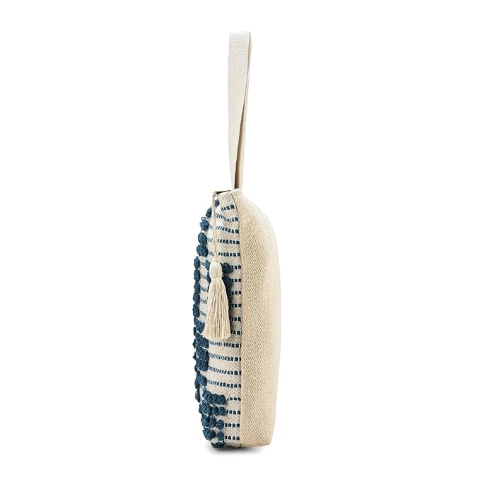 Cotton Tote Bag with Navy Blue Loop Pattern, White Tassel Accent, Beach Shopping Shoulder Bag