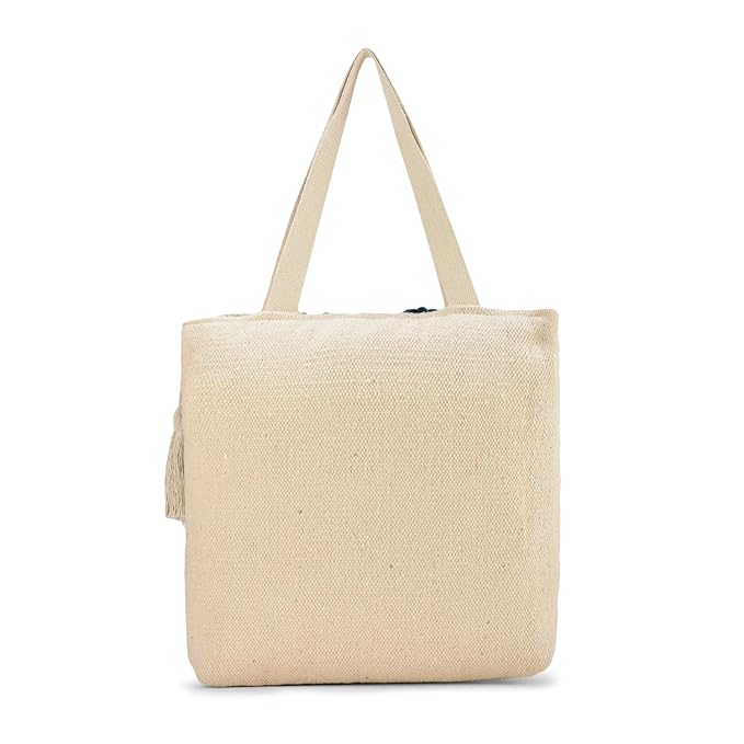 Cotton Tote Bag with Navy Blue Loop Pattern, White Tassel Accent, Beach Shopping Shoulder Bag