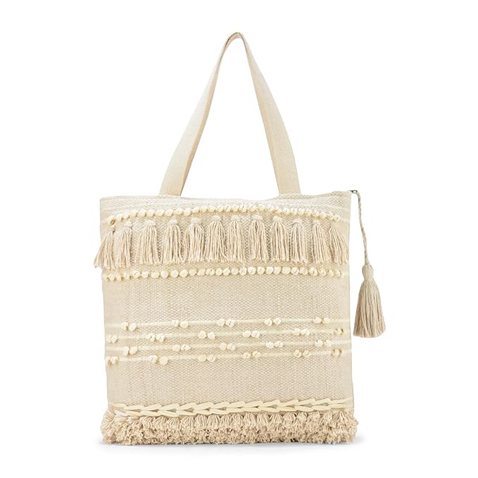 Boho Cotton Tote Bag with Tassels and Pom Poms, 38x38x25 cm, Cream White, Beach Shopping Shoulder Ba