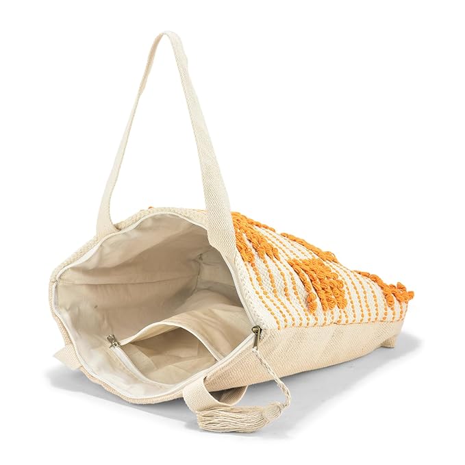 Cotton Tote Bag with Mustard Colour Loop Pattern, White Tassel Accent, Beach Shopping Shoulder Bag For Womens