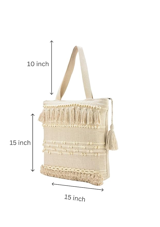 Boho Cotton Tote Bag with Tassels and Pom Poms, 38x38x25 cm, Cream White, Beach Shopping Shoulder Ba