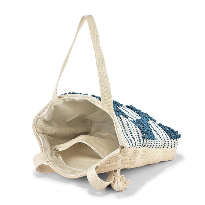 Cotton Tote Bag with Navy Blue Loop Pattern, White Tassel Accent, Beach Shopping Shoulder Bag
