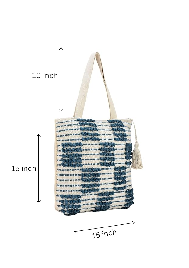 Cotton Tote Bag with Navy Blue Loop Pattern, White Tassel Accent, Beach Shopping Shoulder Bag