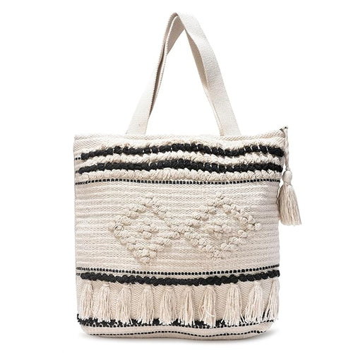 Beige & Black Boho Tote Bag for Women – Handwoven Cotton Shoulder Bag with Tassels & Diamond Embroidery | Ethnic Textured Pattern | Eco-Friendly Beach, College & Casual Use