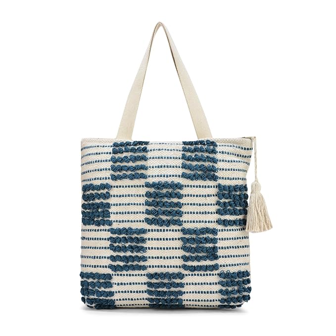 Cotton Tote Bag with Navy Blue Loop Pattern, White Tassel Accent, Beach Shopping Shoulder Bag