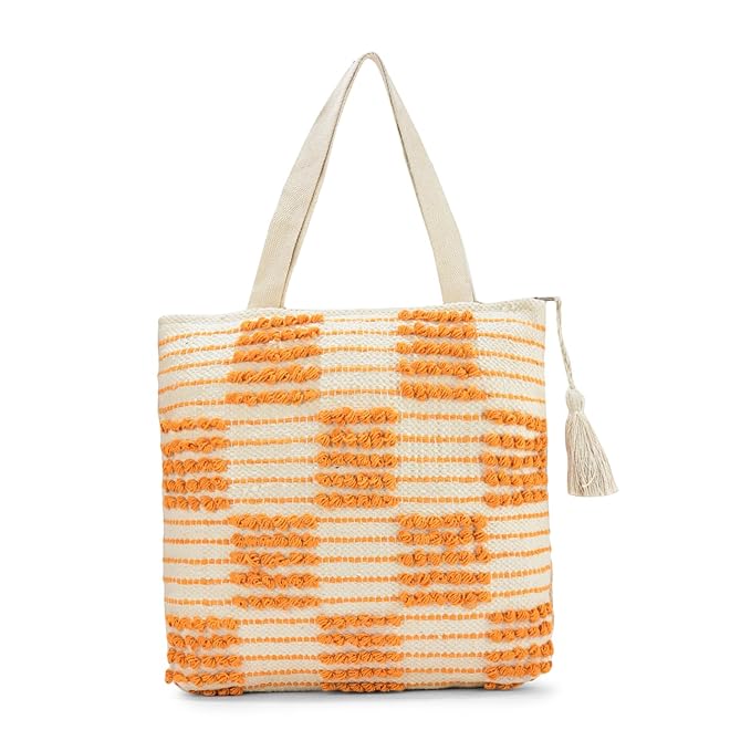 Cotton Tote Bag with Mustard Colour Loop Pattern, White Tassel Accent, Beach Shopping Shoulder Bag For Womens