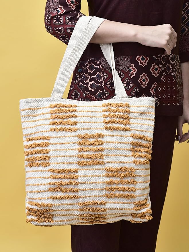 Cotton Tote Bag with Mustard Colour Loop Pattern, White Tassel Accent, Beach Shopping Shoulder Bag For Womens