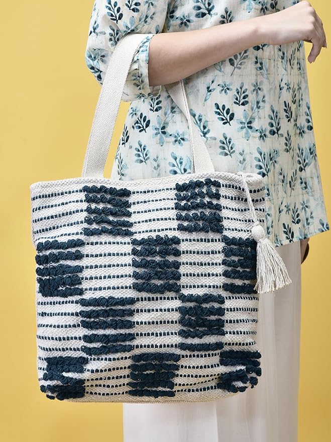 Cotton Tote Bag with Navy Blue Loop Pattern, White Tassel Accent, Beach Shopping Shoulder Bag