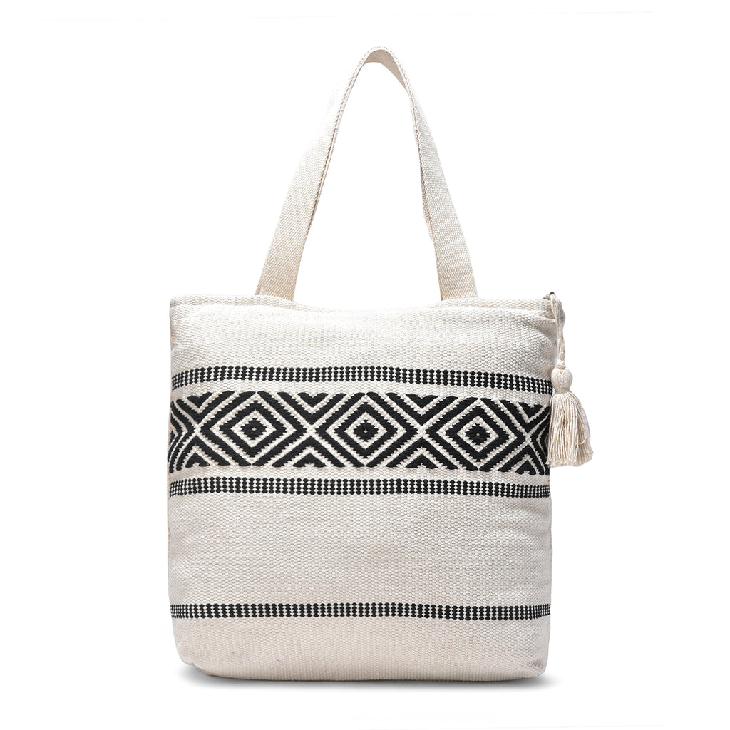 Handcrafted Cotton Tote Bag with Black Geometric Pattern & Tassel – Boho Chic Style  LE -0408