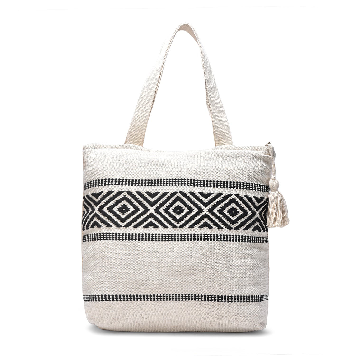Handcrafted Cotton Tote Bag with Black Geometric Pattern & Tassel – Boho Chic Style  LE -0408