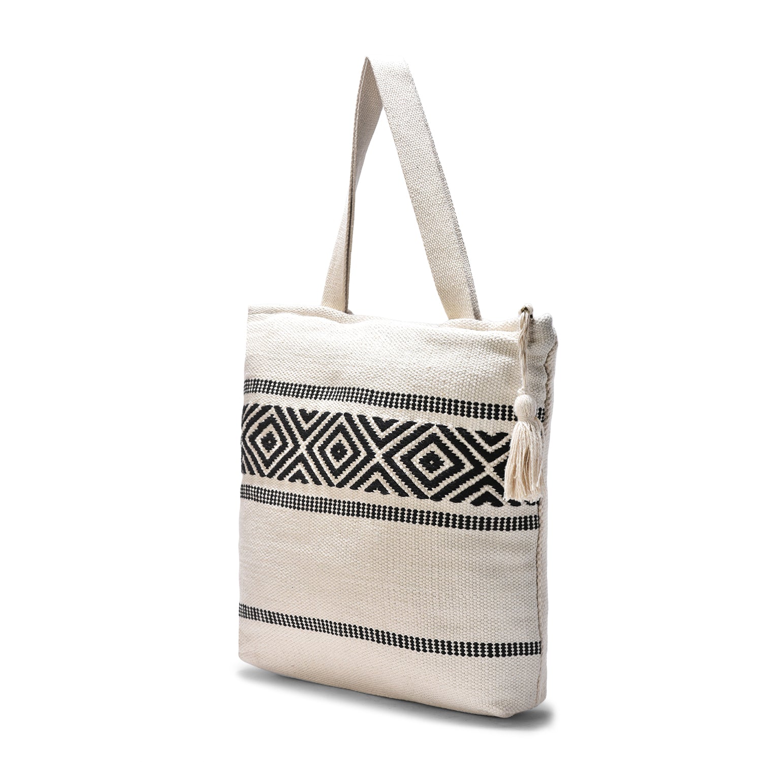 Handcrafted Cotton Tote Bag with Black Geometric Pattern & Tassel – Boho Chic Style  LE -0408