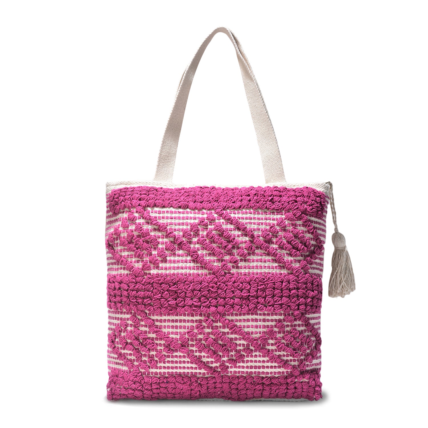 LoomEarth Pink Geometric Boho Tote Bag | Handcrafted Ethnic Shoulder Tote Bag with Tassel