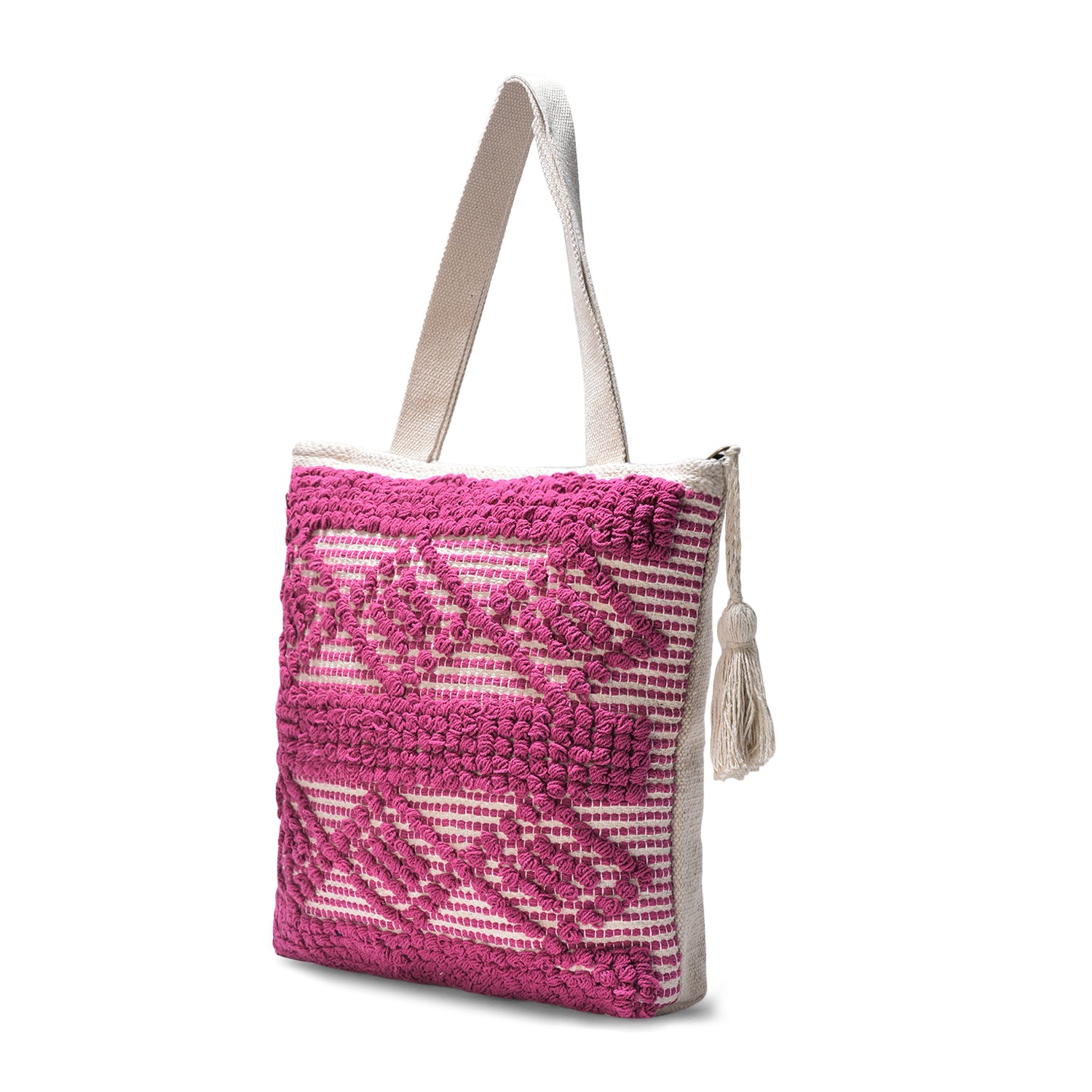 LoomEarth Pink Geometric Boho Tote Bag | Handcrafted Ethnic Shoulder Tote Bag with Tassel