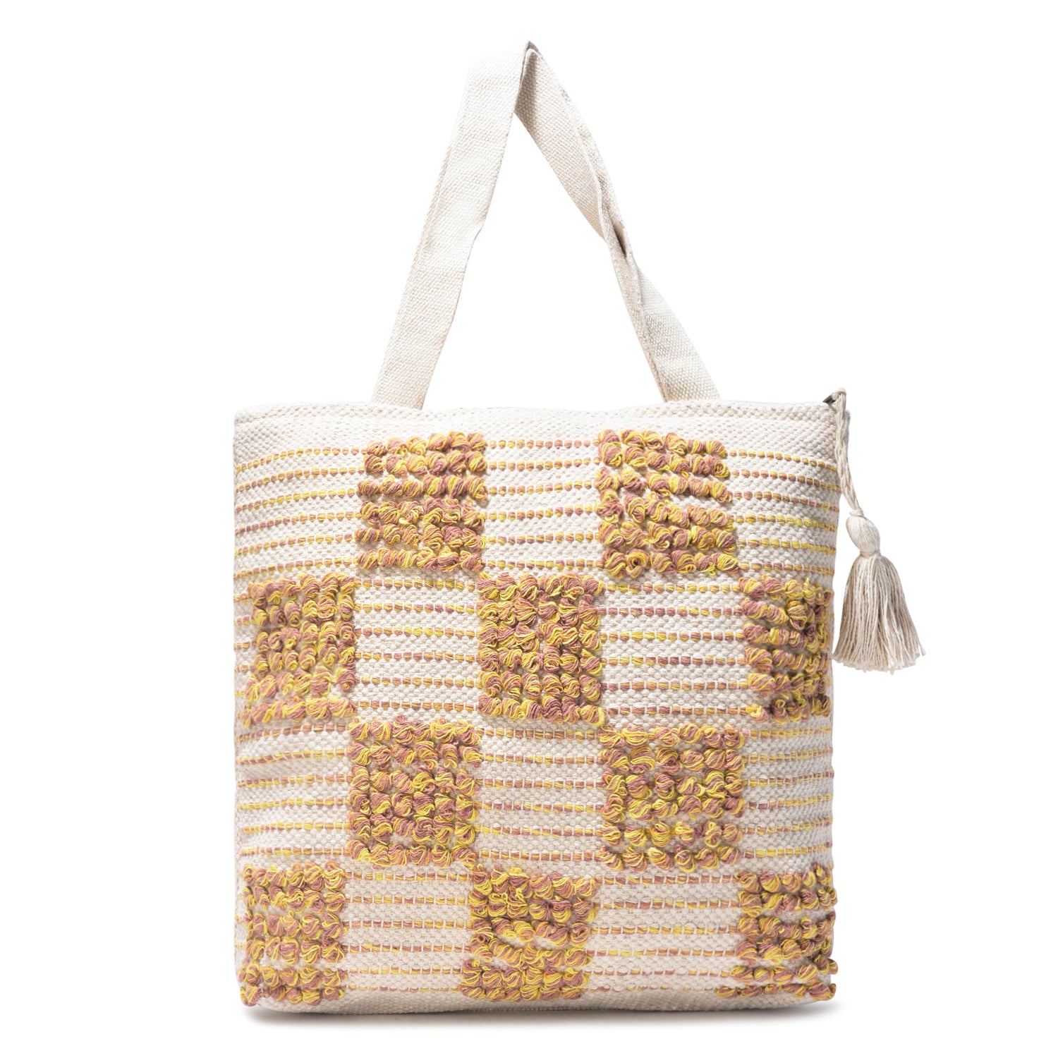 Boho Checkered Tufted Cotton Tote Bag – Yellow & Pink Textured Pattern with Tassel  LE-0411