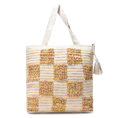 Boho Checkered Tufted Cotton Tote Bag – Yellow & Pink Textured Pattern with Tassel  LE-0411