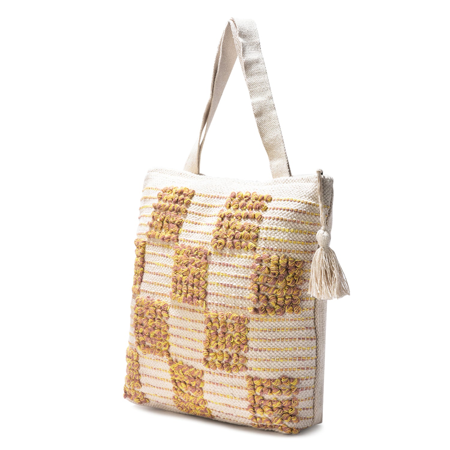 Boho Checkered Tufted Cotton Tote Bag – Yellow & Pink Textured Pattern with Tassel  LE-0411