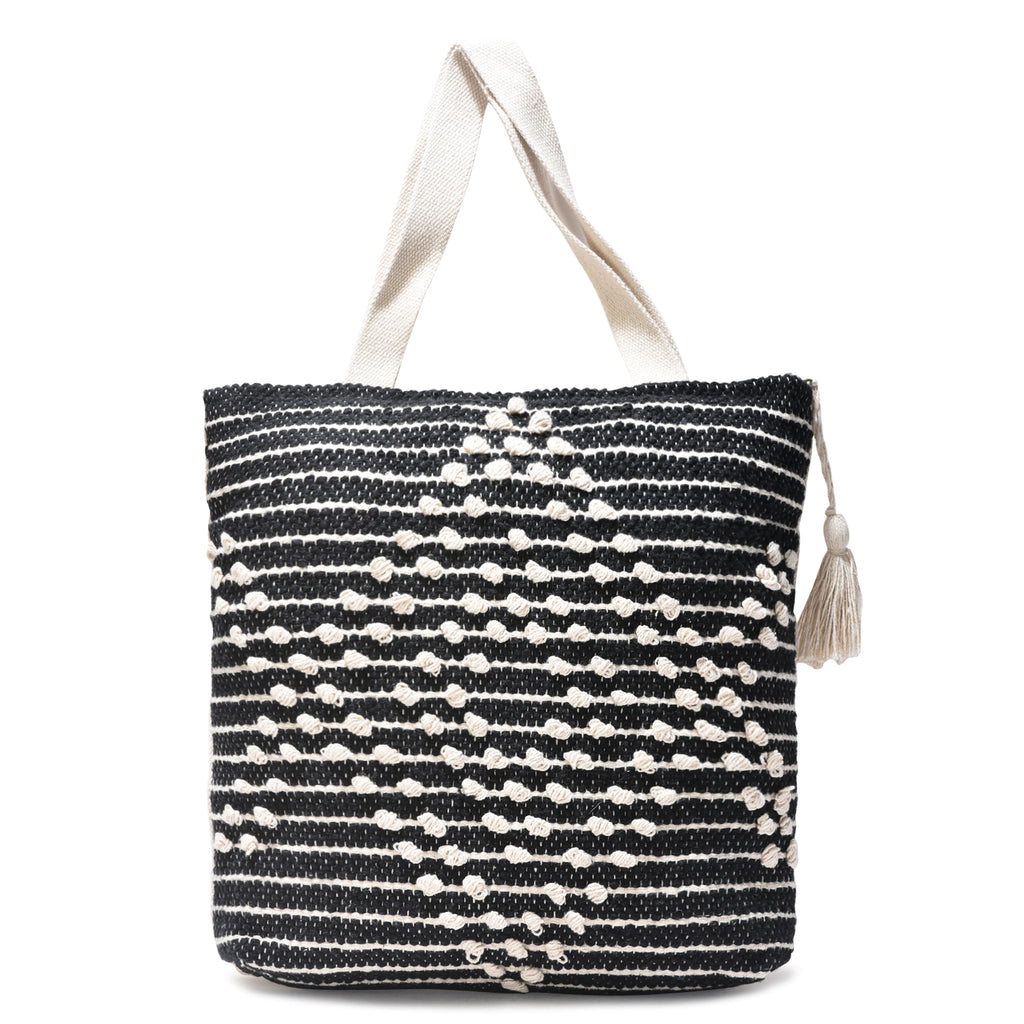 LoomEarth Boho Handwoven Cotton Tote Bag – Black & White Geometric Pattern with Tassel  LE-0410