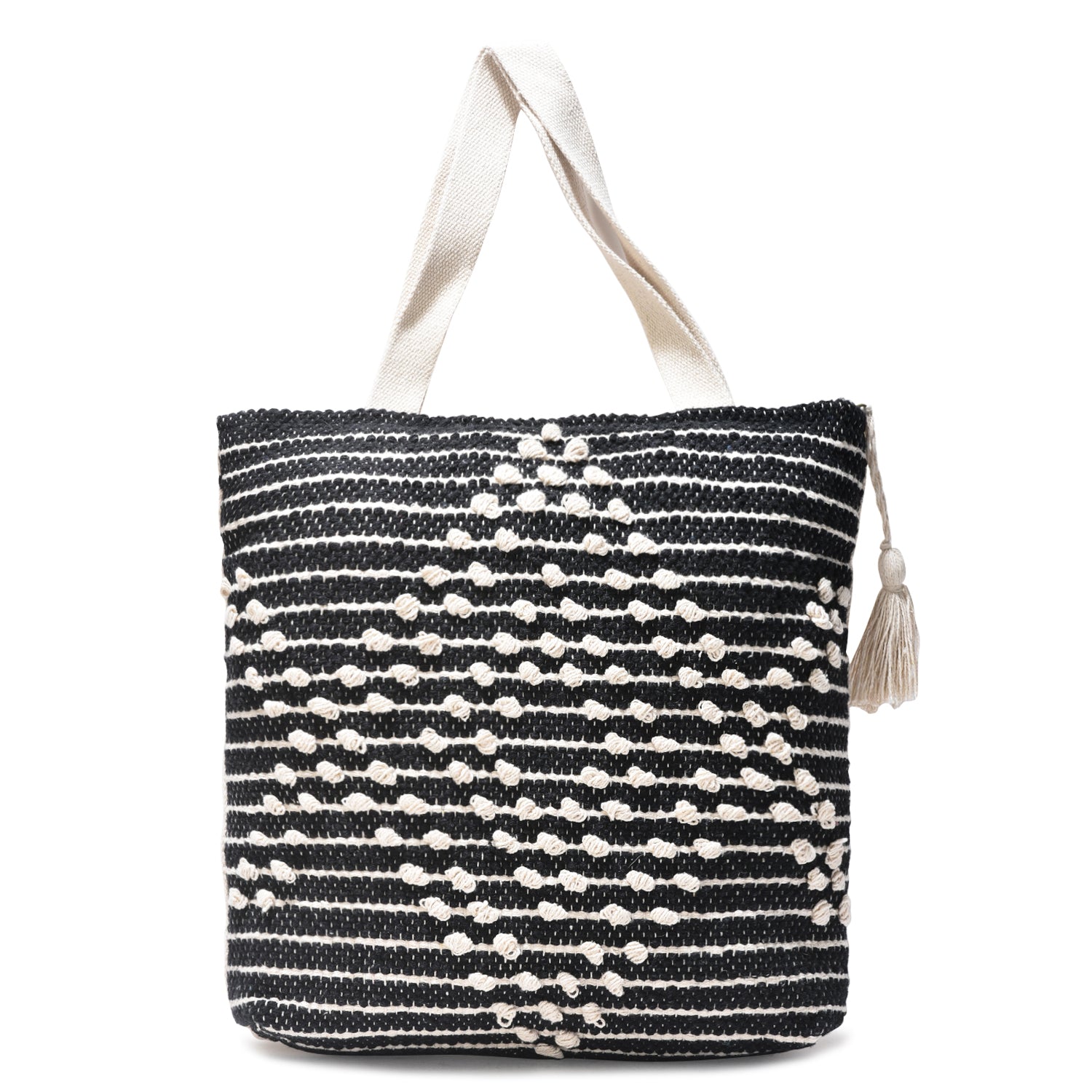 LoomEarth Boho Handwoven Cotton Tote Bag – Black & White Geometric Pattern with Tassel  LE-0410