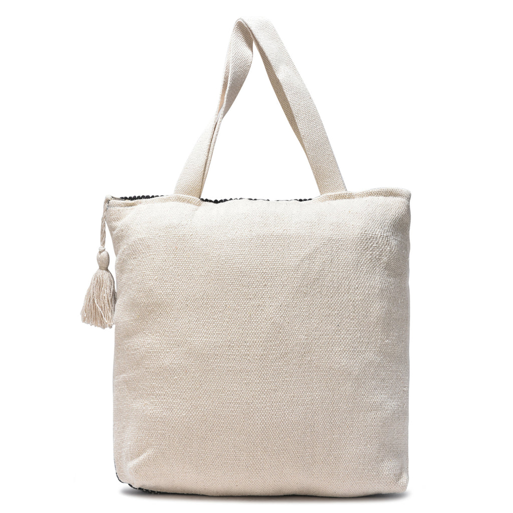 Beige & Black Boho Tote Bag for Women – Handwoven Cotton Shoulder Bag with Tassels & Diamond Embroidery | Ethnic Textured Pattern | Eco-Friendly Beach, College & Casual Use