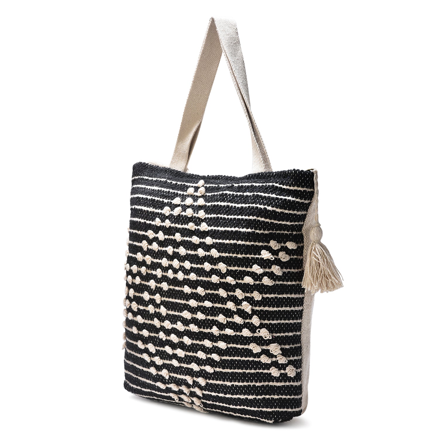 LoomEarth Boho Handwoven Cotton Tote Bag – Black & White Geometric Pattern with Tassel  LE-0410