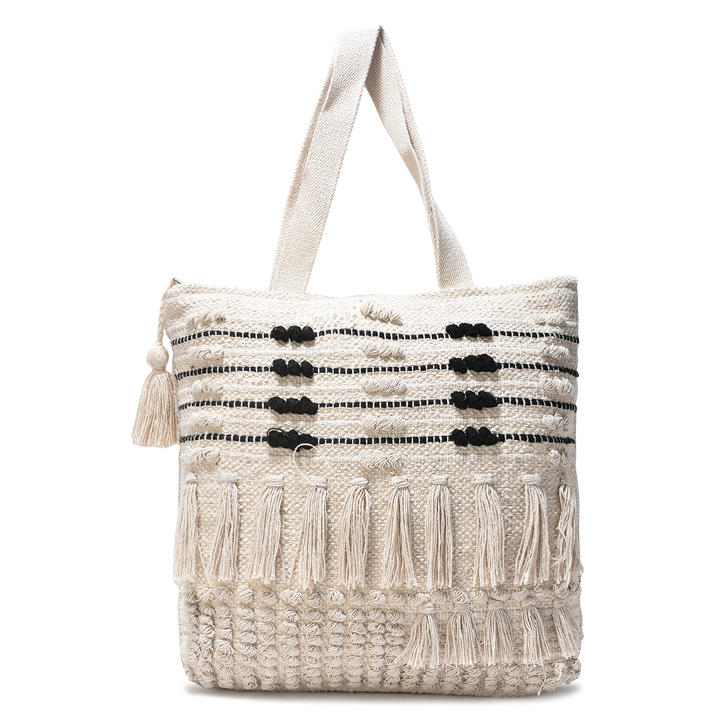 Handwoven Boho Tote Bag with Tassels – Cream & Black