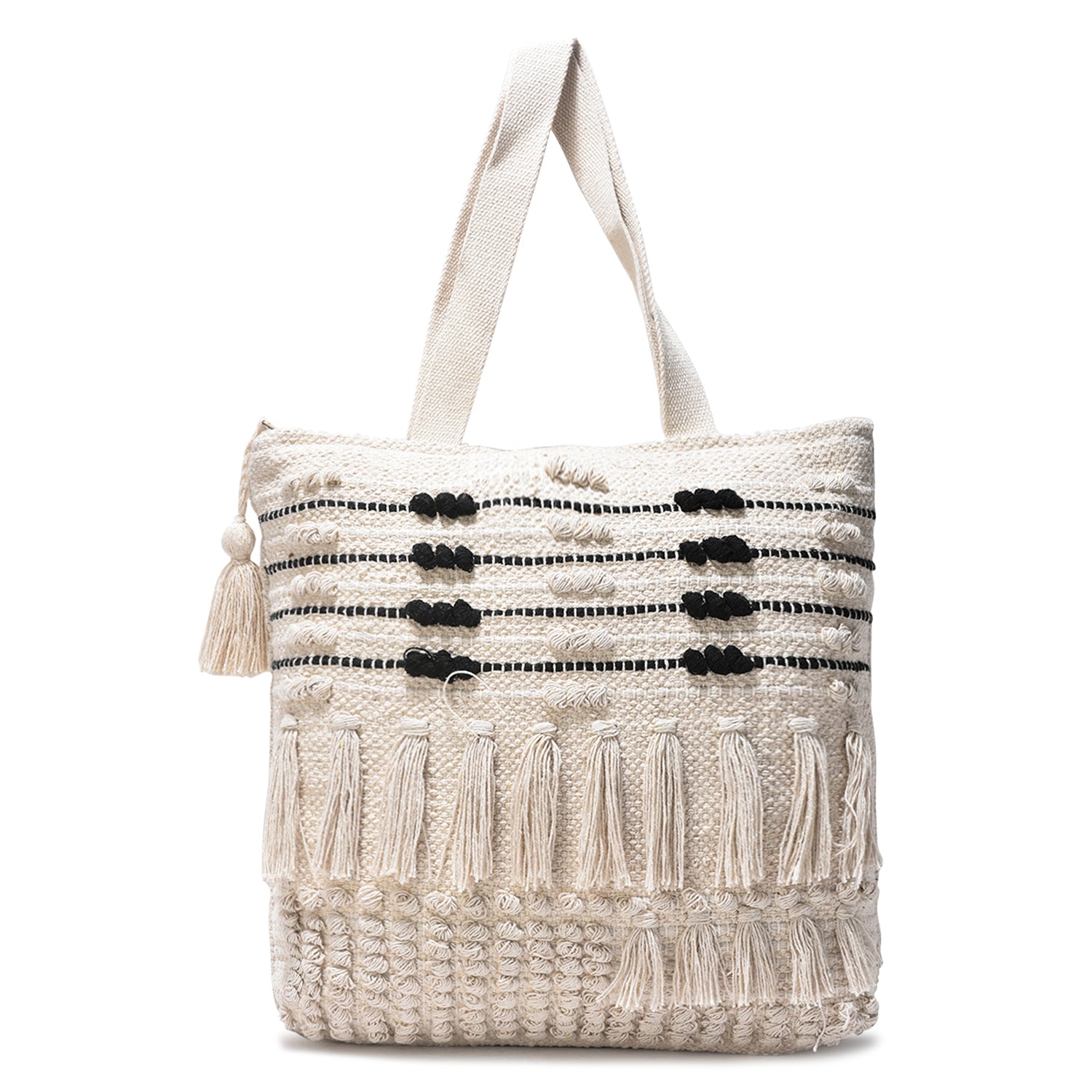 Handwoven Boho Tote Bag with Tassels – Cream & Black