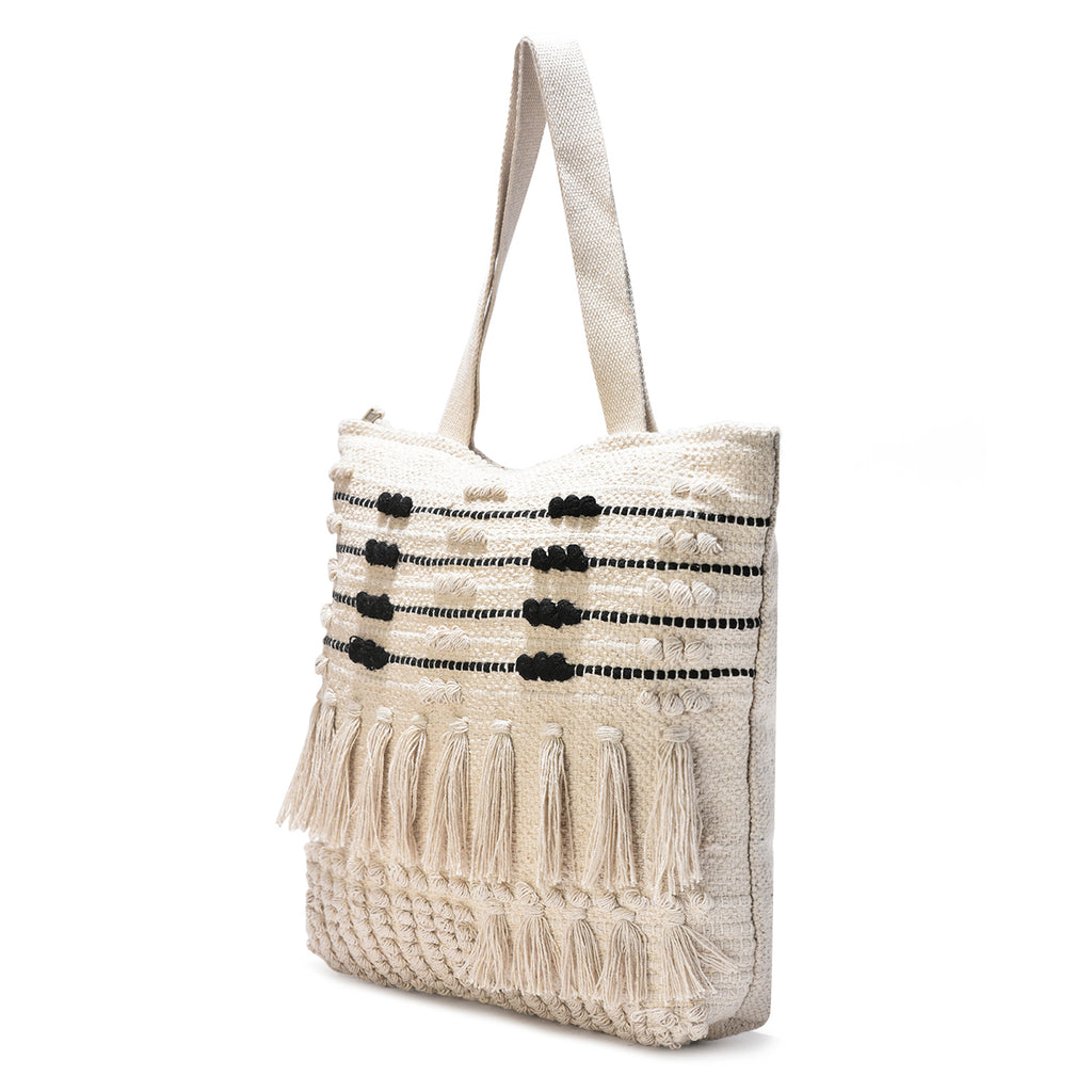 Handwoven Boho Tote Bag with Tassels – Cream & Black