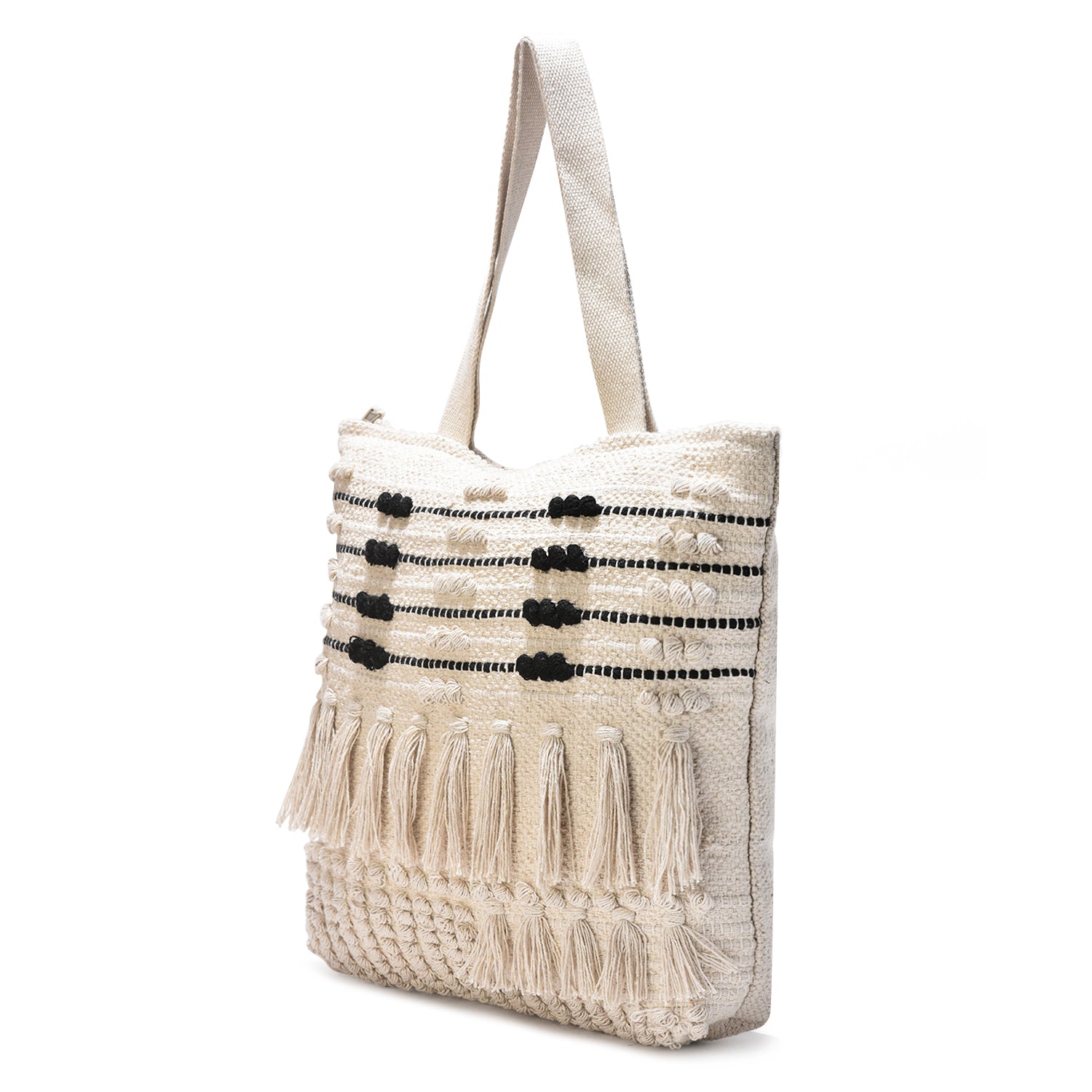 Handwoven Boho Tote Bag with Tassels – Cream & Black