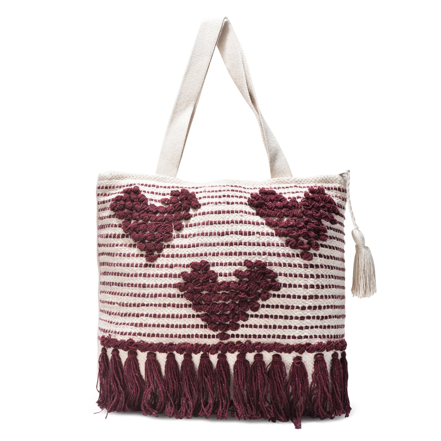 LoomEarth Boho Tote Bag for Women | Handcrafted Cotton Shoulder Bag with Maroon Heart Design & Tassels | Stylish Ethnic Sling Bag for Casual, Office, Shopping & Travel Use For Womens