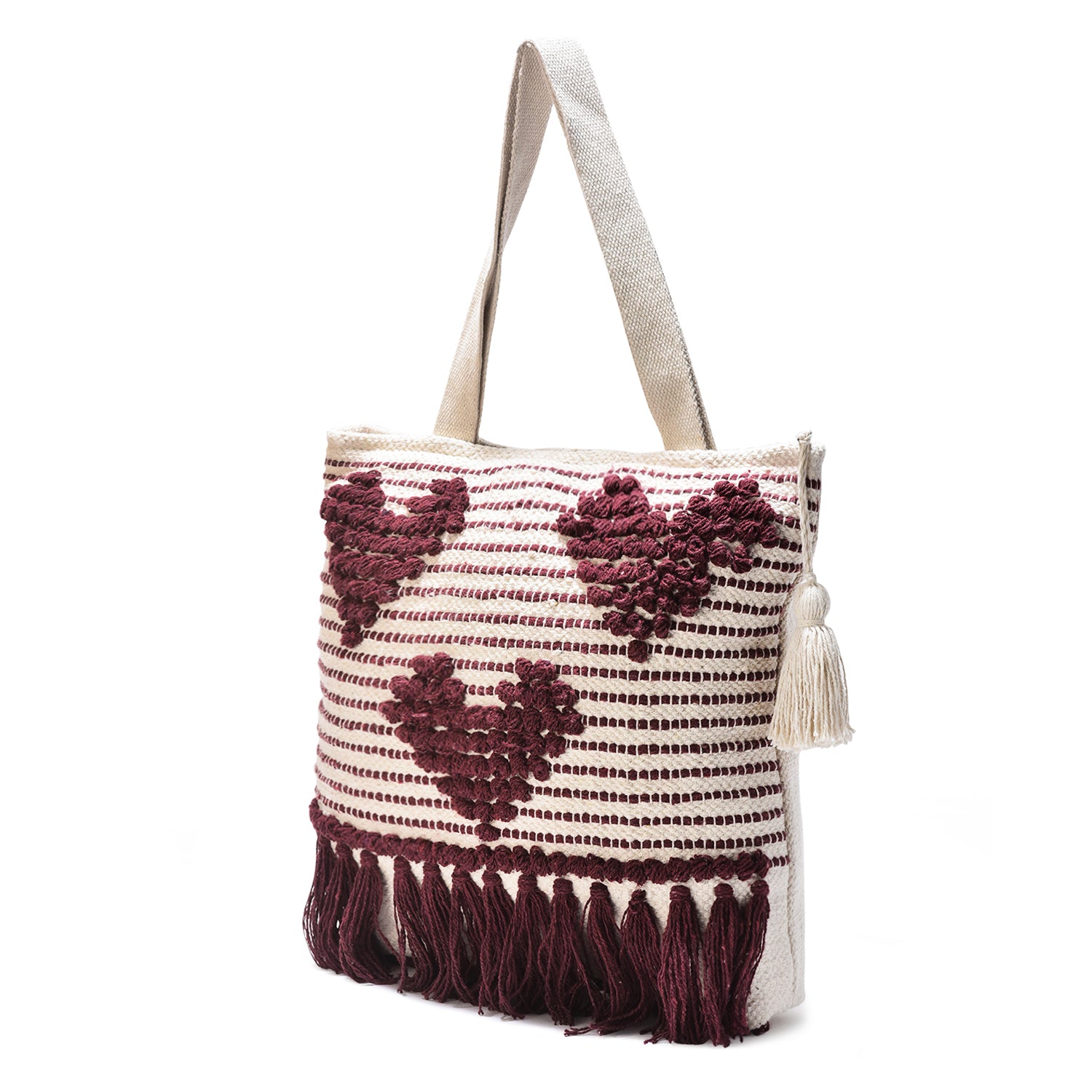 LoomEarth Boho Tote Bag for Women | Handcrafted Cotton Shoulder Bag with Maroon Heart Design & Tassels | Stylish Ethnic Sling Bag for Casual, Office, Shopping & Travel Use For Womens