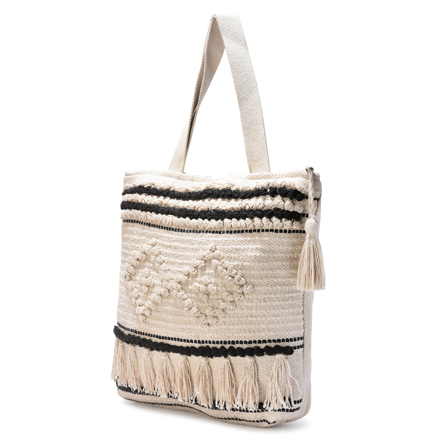 Beige & Black Boho Tote Bag for Women – Handwoven Cotton Shoulder Bag with Tassels & Diamond Embroidery | Ethnic Textured Pattern | Eco-Friendly Beach, College & Casual Use
