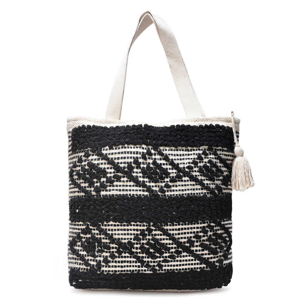 Boho Chic Black & Natural Tribal Tufted Cotton Tote Bag with Tassel – Handwoven Eco-Friendly Shopper  LE-0413